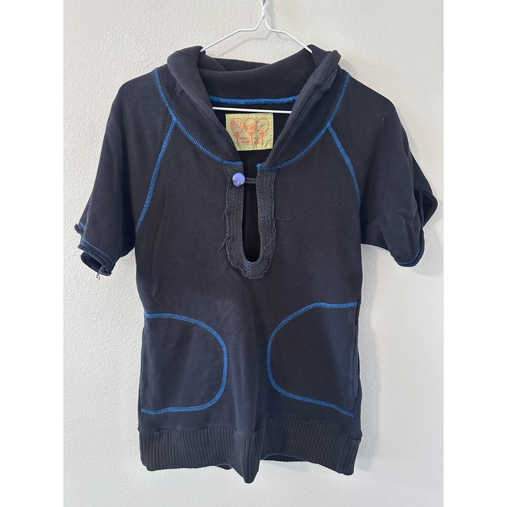 Vintage Free People Women's Large Black and Blue Keyhole Sweater Blouse hoodie